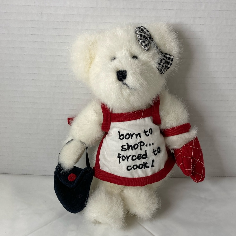 The Boyds Collection Bear “Born to Shop Forced to Cook” Apron Purse Oven Mitt 8”
